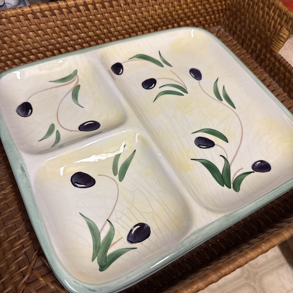 The Cellar "Olive Accents" Porcelain 3 Part Relish Dish Made In Italy - Picture 2 of 14